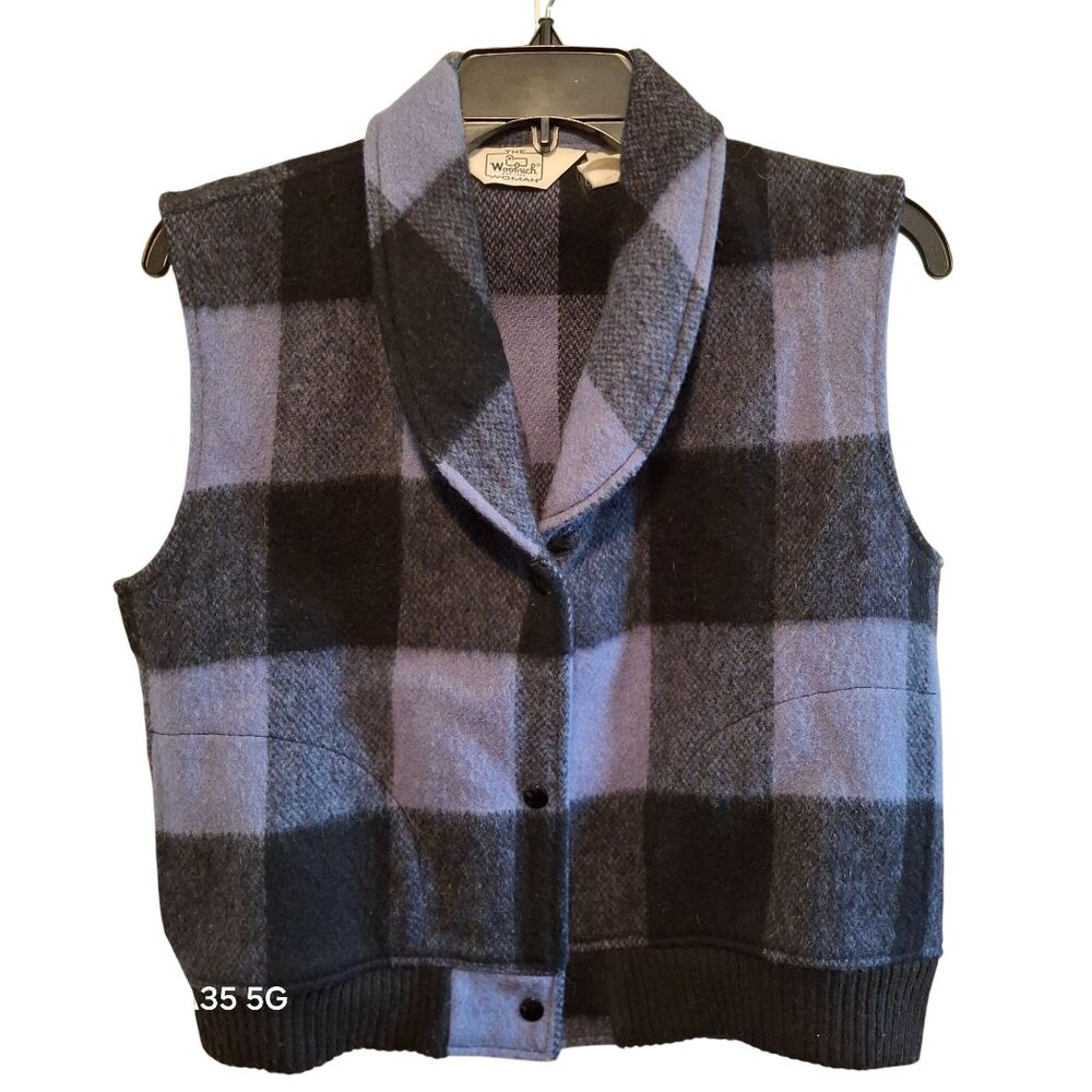 Woolrich Womens Plaid Wool Blend Vest W/ Shawl Collar Black & Purple Size M Cozy